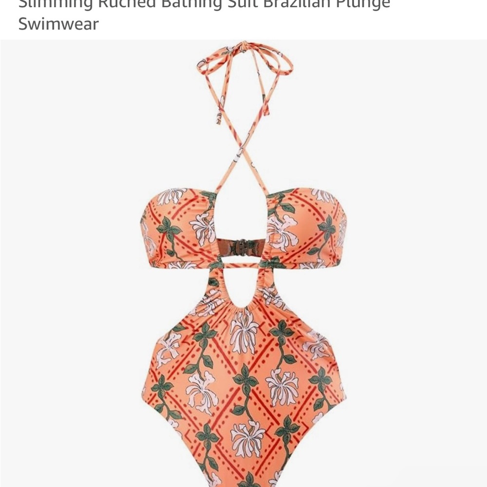 Womens One piece Orange and Green Plunge Halter SwimSuit Bikini with Cut Outs!